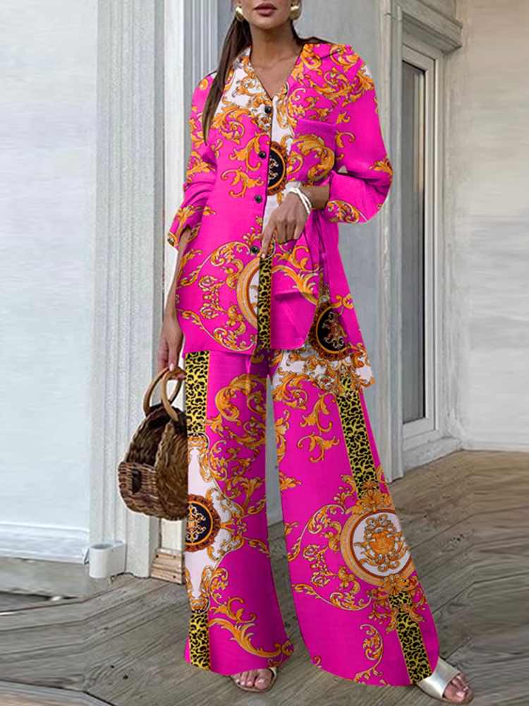 Fashion Women Leopard Print Pant Sets Casual Loose Tops and Pant Outfits Autumn Wide Leg Pant Leisure Two Piece Sets (Printed 2)Rose