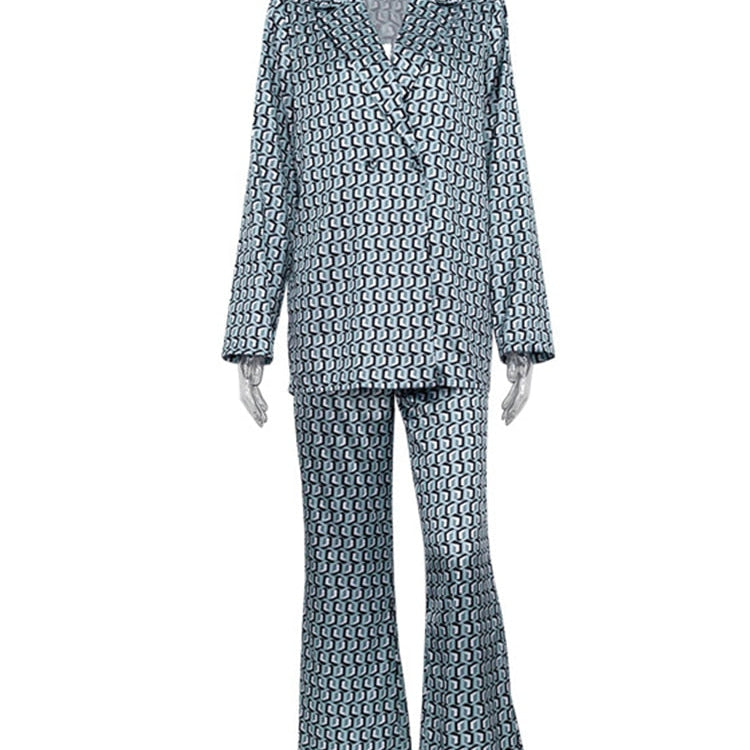 Autumn Winter Women Office Satin Suit Sets Printed V-neck Long Sleeve 2 Piece Pant Matching Set