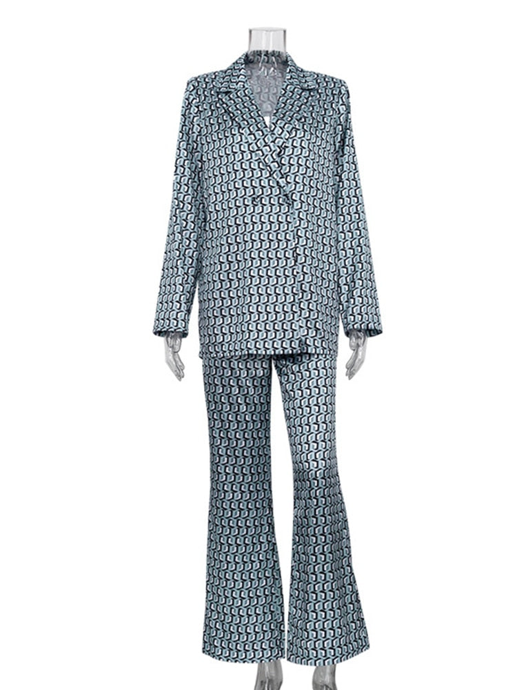 Autumn Winter Women Office Satin Suit Sets Printed V-neck Long Sleeve 2 Piece Pant Matching Set