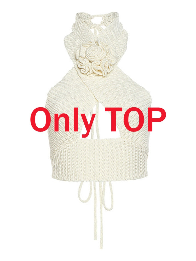 Tawnie Y2K Floral Appliques Knitted 2 Piece Sets Women 2023 Summer Sexy Halter Crop Top Split Maxi Skirt Sets Party Club Outfits Backless CropTop One Size