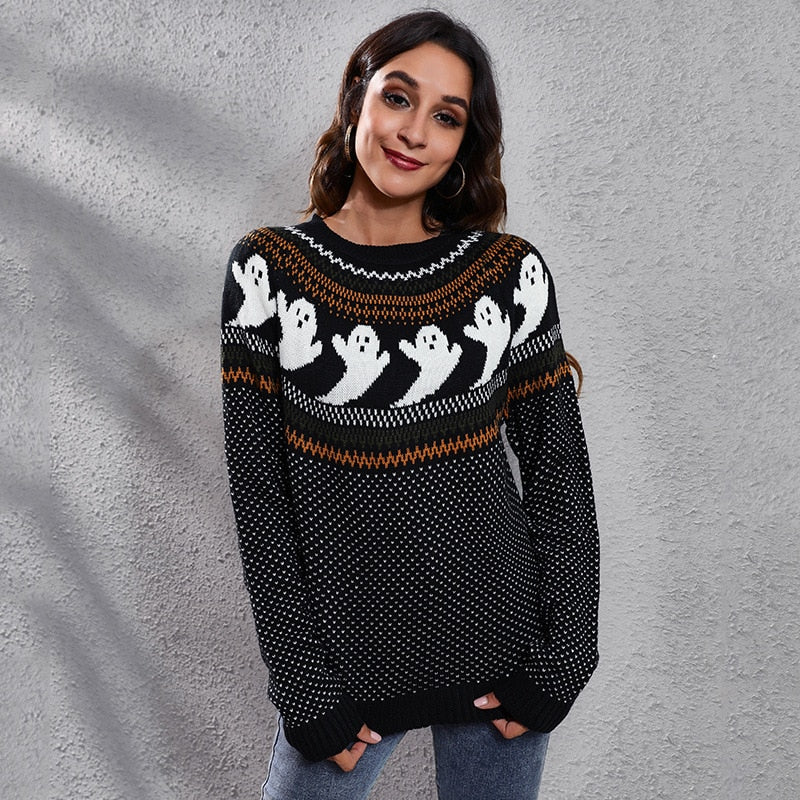 Halloween Ghost Vintage Ladies Sweater Polka Dot Long Sleeve Knitted Pullover Winter Sweater Woman Design Pullovers Knitwears