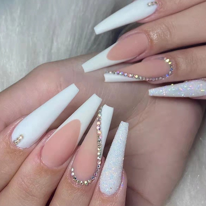 24Pcs/Box White French Fake Nails Press on Long XL Length Rhinestone Design False Nails Full Cover Acrylic Nail Tips