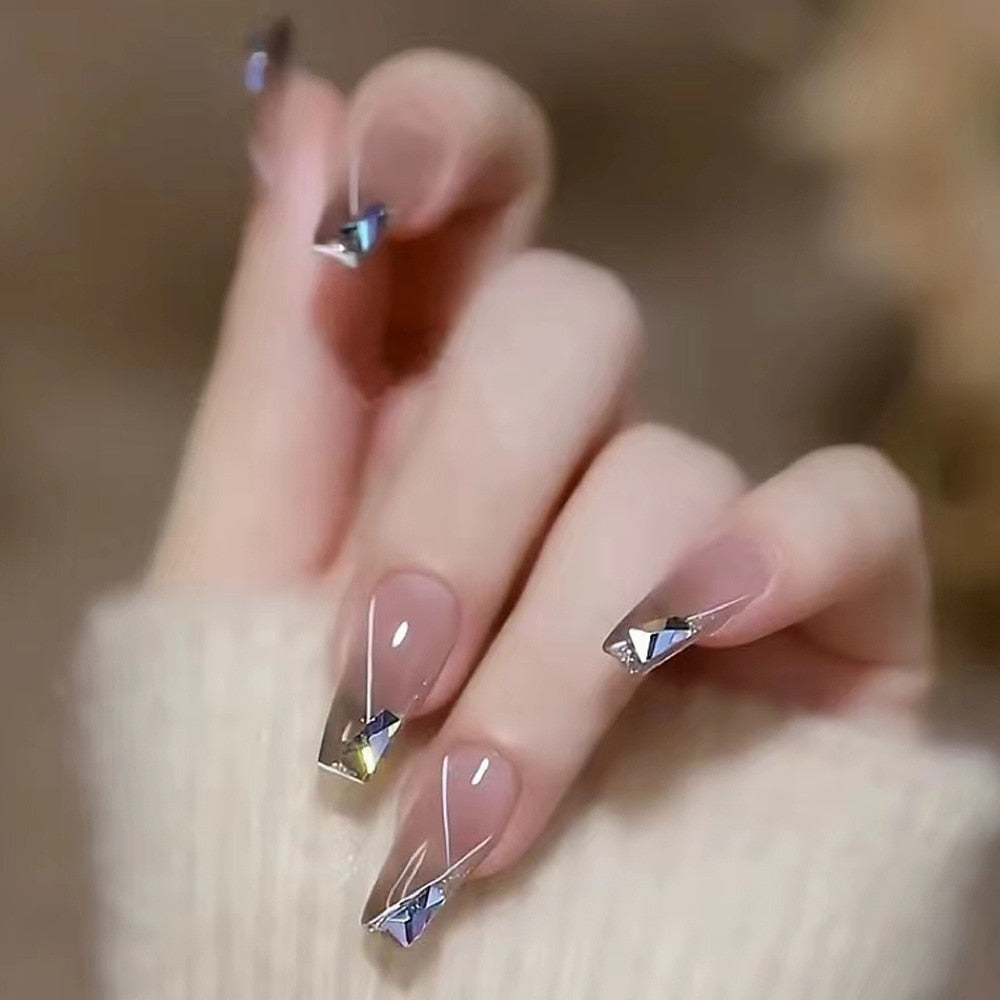 Gradient Fake Nails Press on Nail Diamond Cross Art Long Tips False Forms with Glue Stick Stickers Reusable Set DZ080