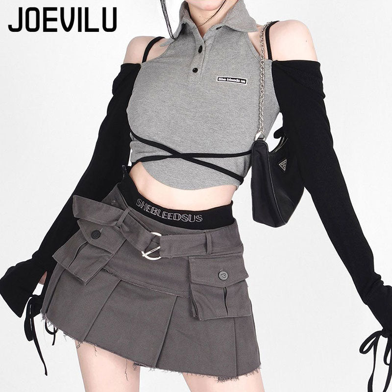 Gothic Skirt Set Polo Neck Waist Strap Off Shoulder Long Sleeve T-Shirt Pleated Denim Skirt 2 Piece Sets Women Outfits Y2k Suit