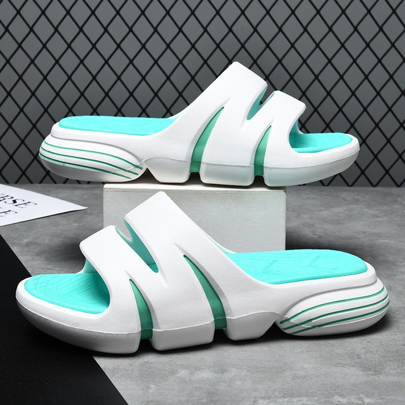 JOYWILL Summer Men's Slippers EVA Soft Bottom Non-slip Slippers Fashion Lightweight Outdoor Beach Flip Flops Shoes For Men White-Blue-A Spain