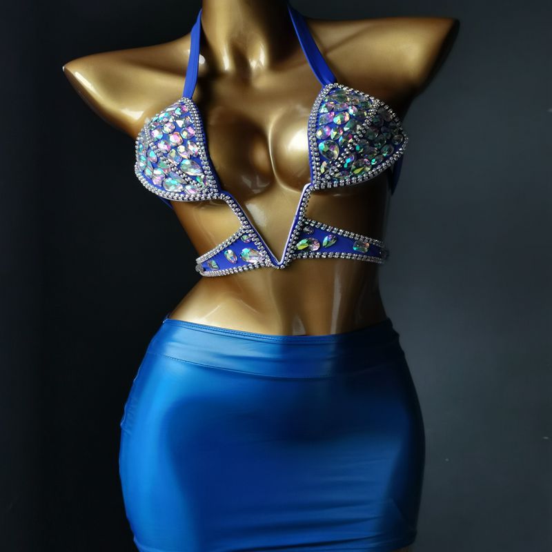 Customized Luxury Rhinestone Dress Crystal Diamond Nightclub Bikini Split Skirt Suit