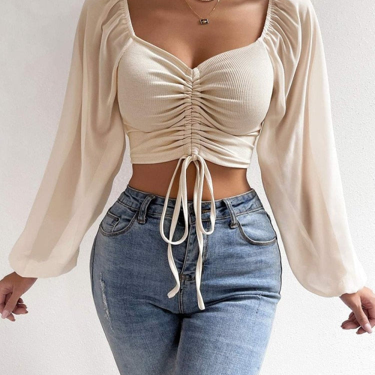Sexy V-neck Women T Shirt Casual Drawstring Crop Tops Tee Ladies Blusas Summer Short Tshirt Woman Clothes Long Sleeve T Shirt Apricot