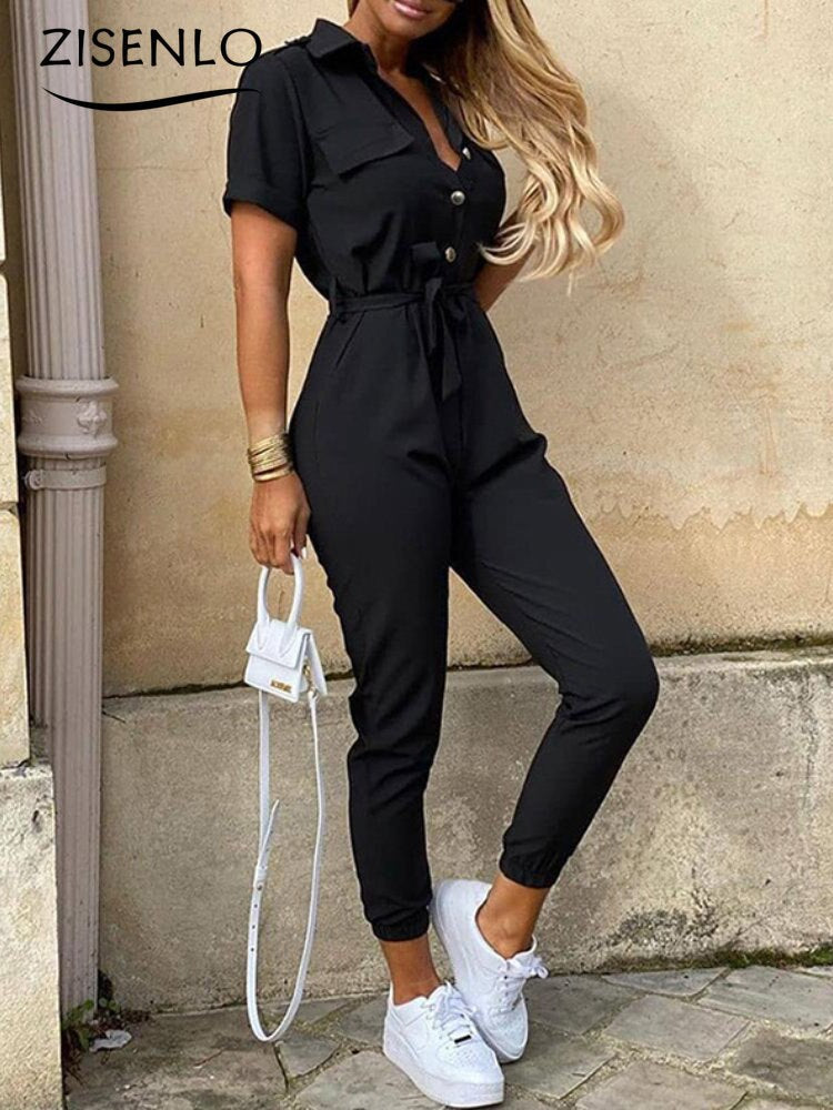 Overalls for Women New Casual Lapel Lace-up Print Belt Work Jumpsuit Women One Pieces Bodysuit Women Chic and Elegant Jumpsuits
