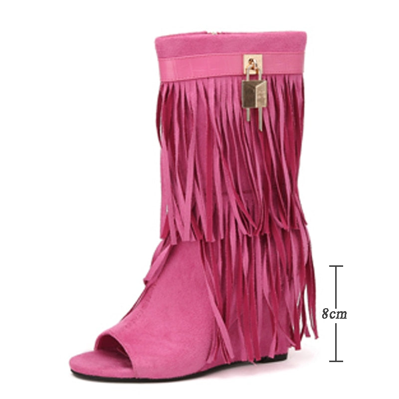 Eilyken Designer Fringe Wedges Boot Sandals Woman High Heels Open Toe Party Prom Shoes Sexy Zipper Female Pumps