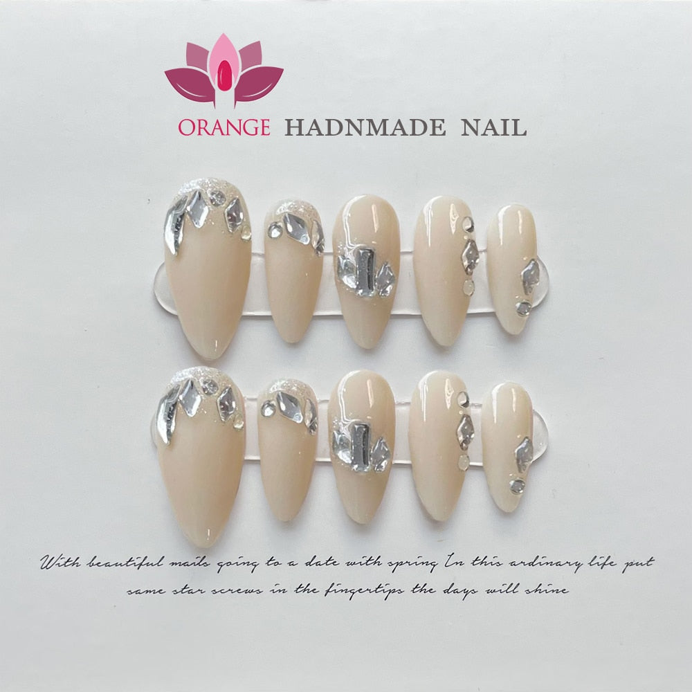 Fake Nails With Rhinestones Almond Full Cover With Designed Handmade High Quality Wearable Press on Nails With 3d Diamond Y2k