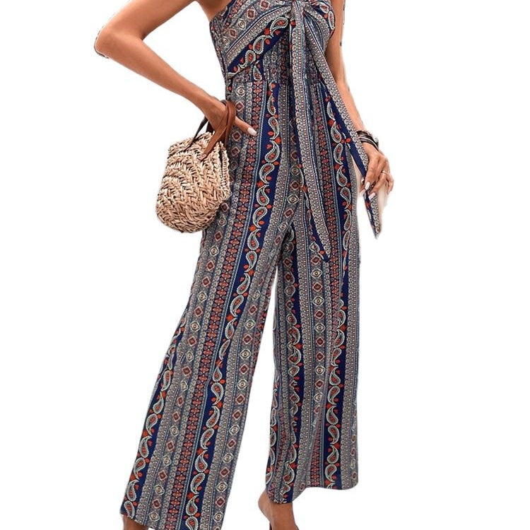 Summer Fashion Women's Wrap Python Suspender Wide Leg Jumpsuit