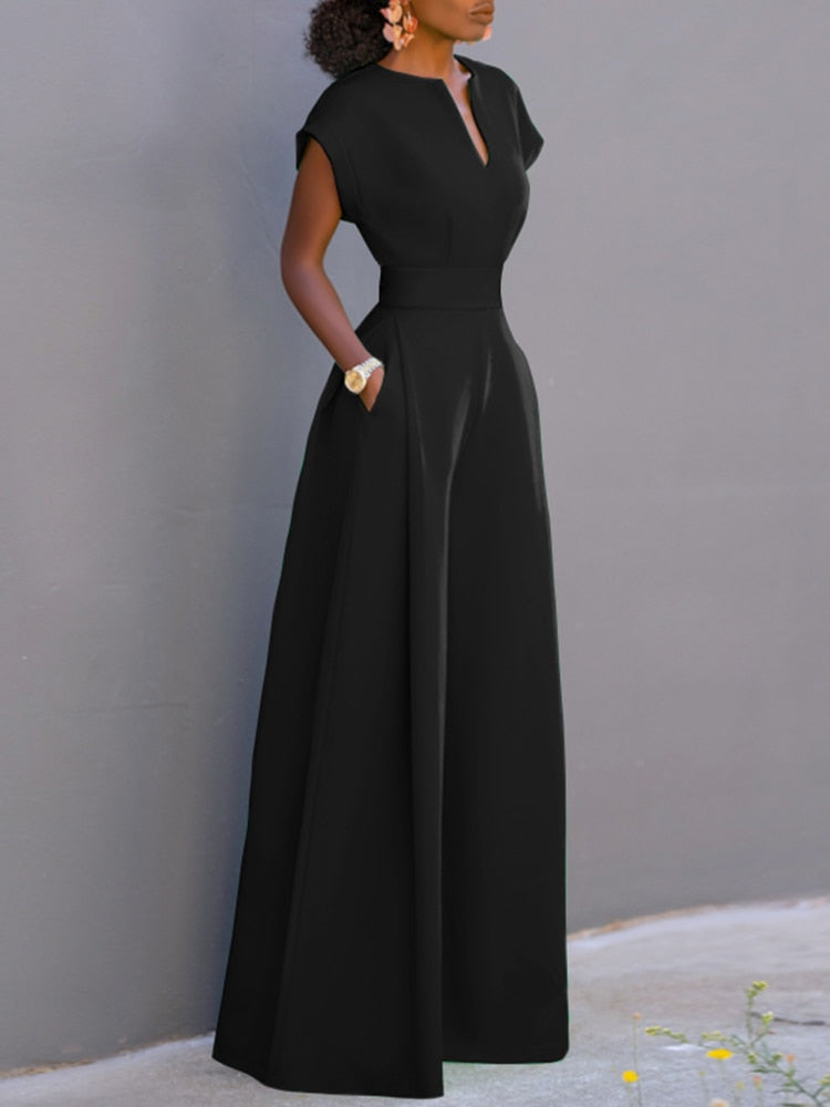 Summer Holiday Overalls Casual Elegant Playsuit Women Short Sleeve Long Rompers Commuting Wide Leg Pants Jumpsuits