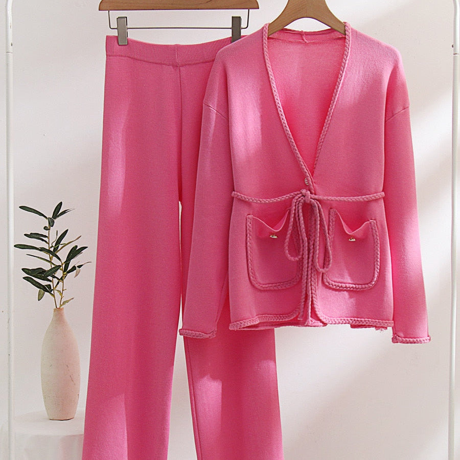 Spring Autumn Knitted Suits Women Long Sleeve Sweater and Wide leg Pants Sets Outwear Loose Lace Up Cardigan Outfits Sets
