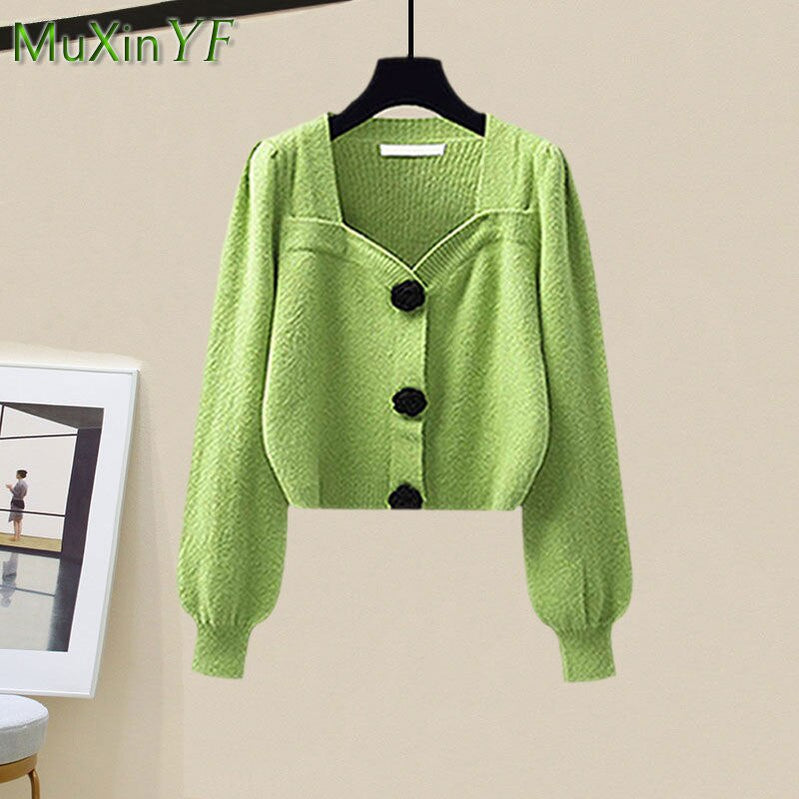 Women's Spring Autumn Fashion Knitted Sweater+Strap Dress Two-piece Korean Elegant New in Matching Sets Female Skirt Suit
