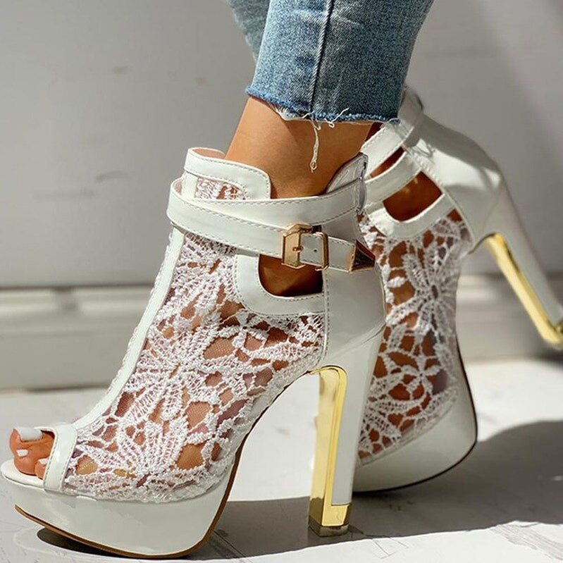 Lace High Heels New Women Belt Buckle High Heels Peep Toe Hollow Platform Sandals Summer Party Boot Large Size Women Shoes
