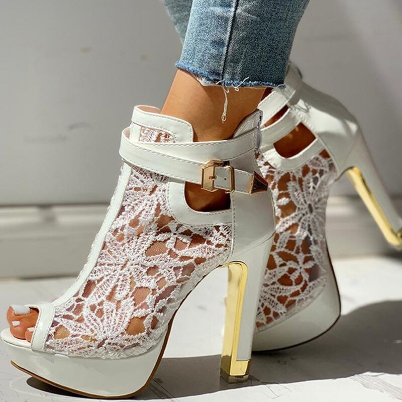 Lace High Heels New Women Belt Buckle High Heels Peep Toe Hollow Platform Sandals Summer Party Boot Large Size Women Shoes