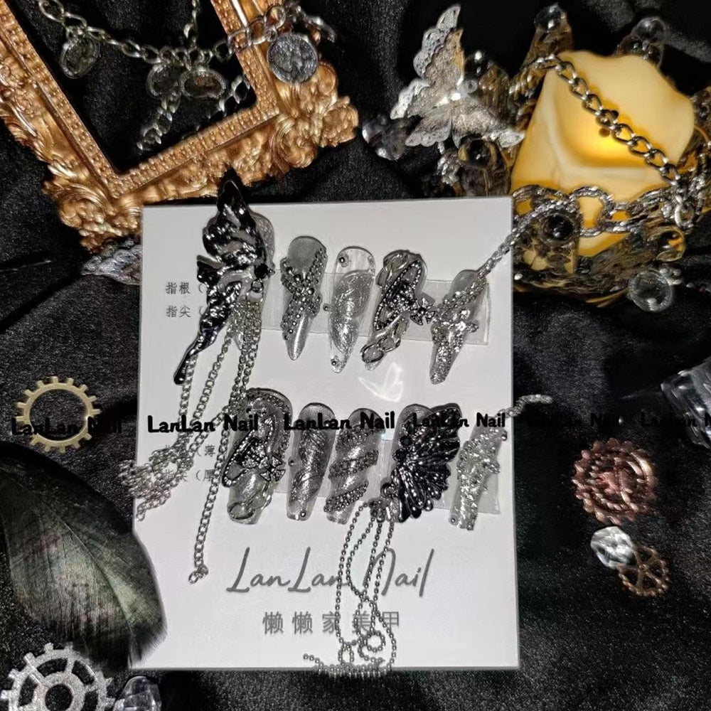 Fashion Cool Personality Cosplay Party Nails Long Coffin 3D High-End Chain Nail Tips Girls Gift Accessories 3