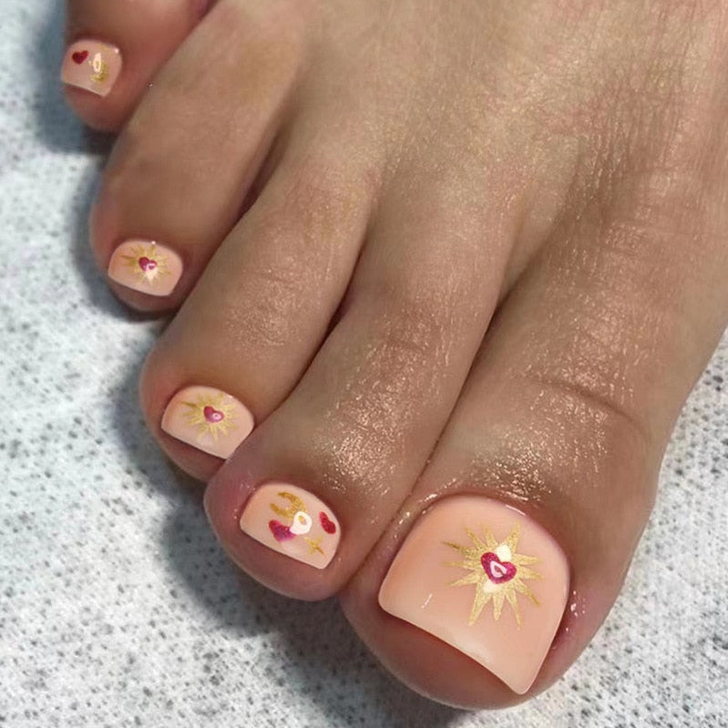 Toe Nails Set French Press on Foot Tips Fake Nail Tips with Designs Summer Reusable Artificial False Stick-on Nails Art 24pcs 2478