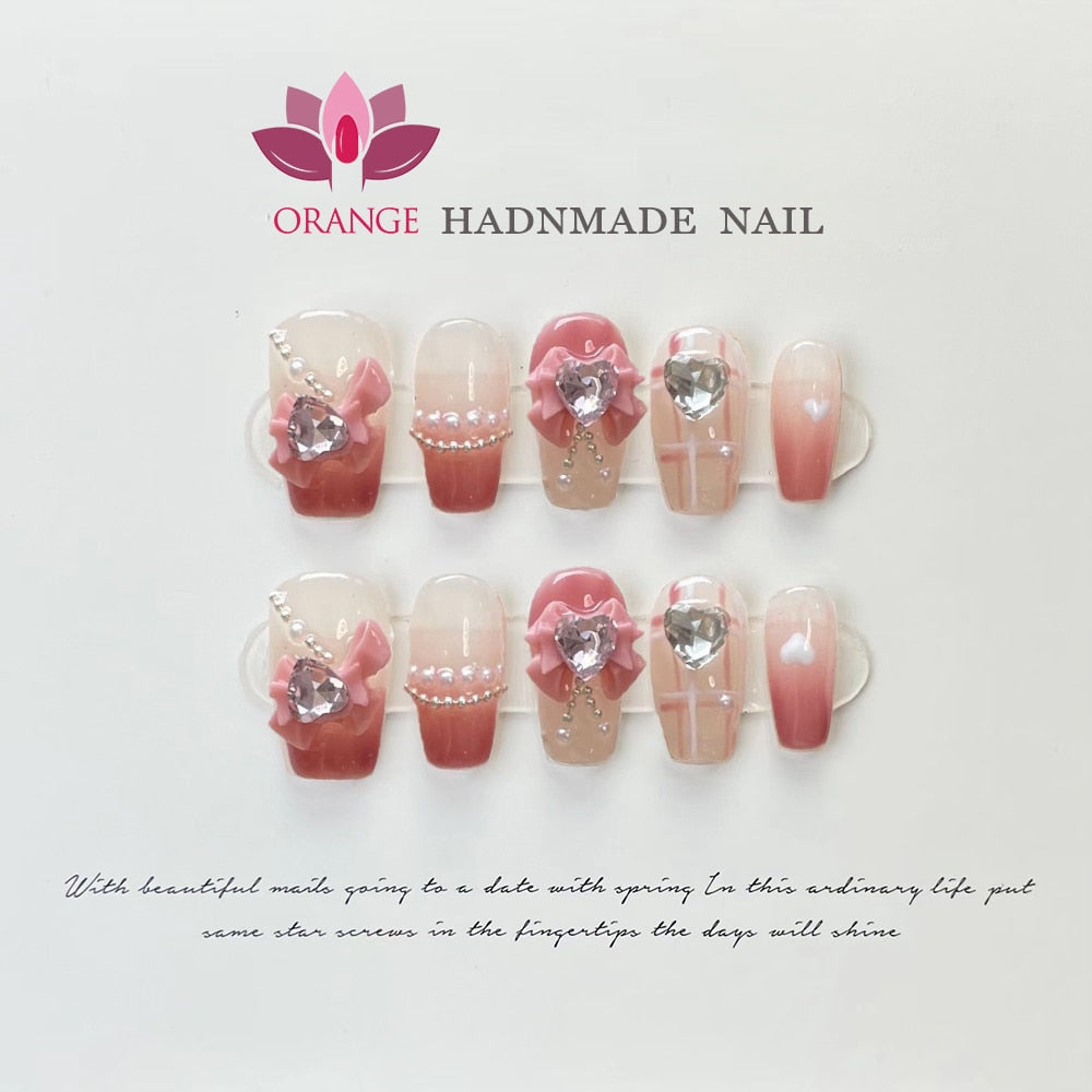 Handmade Korea Press on Nails Coffin Reusable Decoration Fake Nails Full Cover Artificial Manicuree Wearable Orange Nail Store Spain