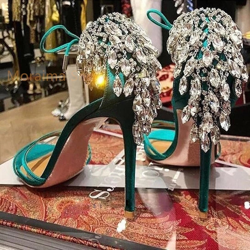 Green Gold Stiletto Women Sandals Bling Diamond Tassel High Heels Peep Toe Glittering Crystal Fringed Party Wedding Shoes Summer