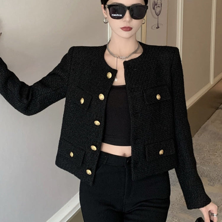Fall Winter French Vintage Small Fragrant Tweed Jacket Coat Women Elegant Casual Woolen Short Coats Streetwear Outwear Crop Top