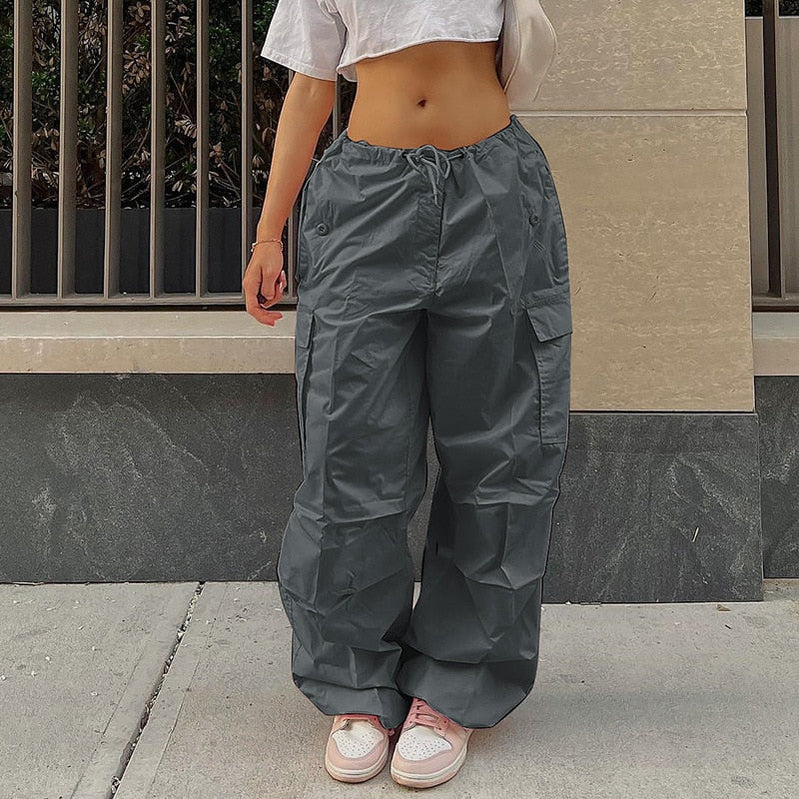 Y2K Clothing Oversized Plus Size Low Waist Parachute Loose Baggy Sweatpants Trousers Women Jogger Cargo Pants Streetwear Outfits gray