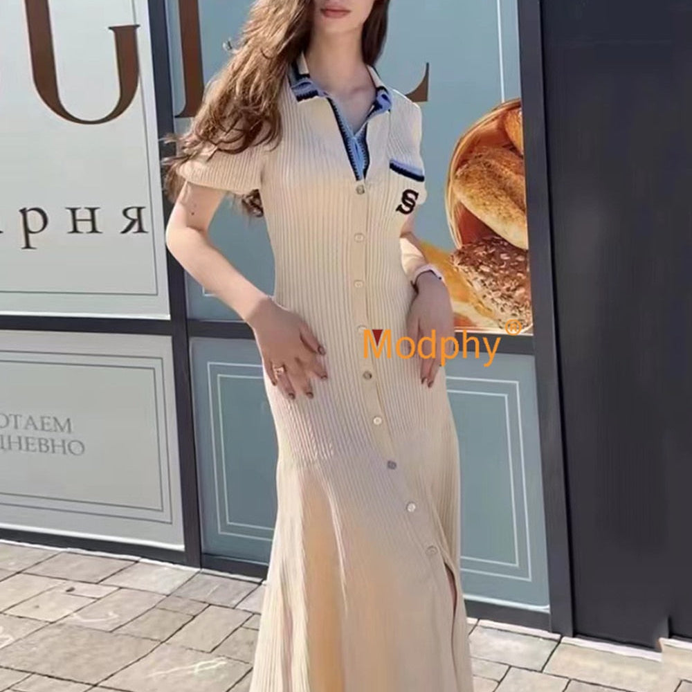 Modphy Elegant Slim Knitted Long Dress Women's Single breasted Long sleeved Designer Slim Vintage Dresses Autumn