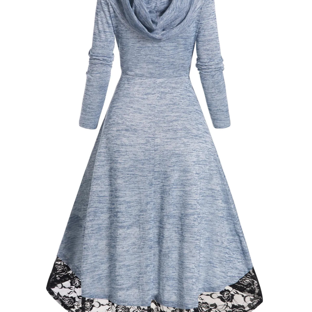 Autumn Space Dye Hooded Dress Flower Lace Panel High Waisted Long Sleeve High Low One Piece Midi Long Dresses For Women