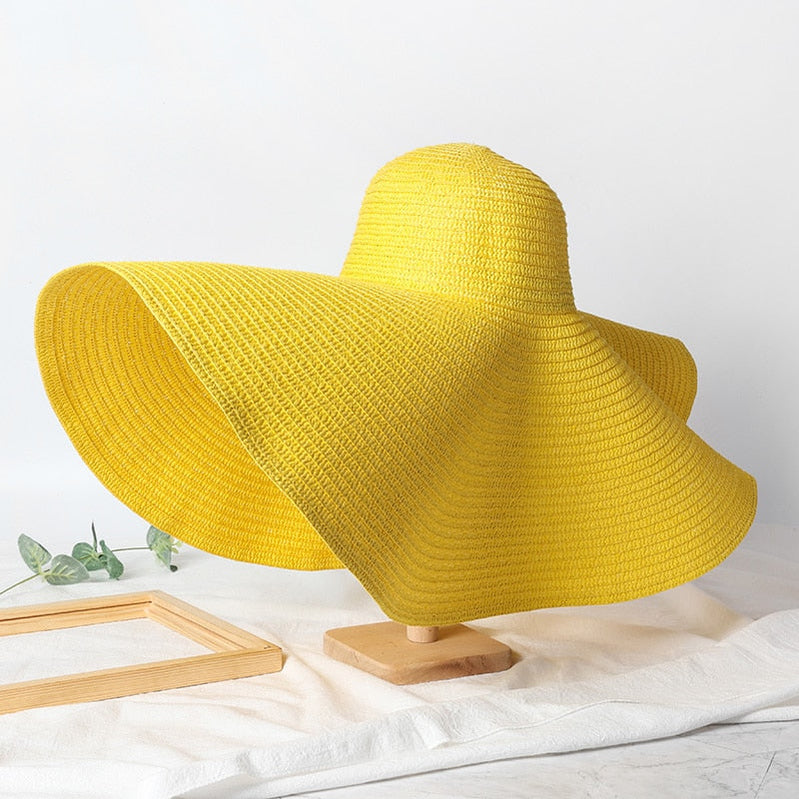 Summer 70cm Large Wide Brim Sun Hats For Women Oversized Beach Hat Foldable Travel Straw Hat Lady UV Protection Sun Shade Hat yellow 54-57cm