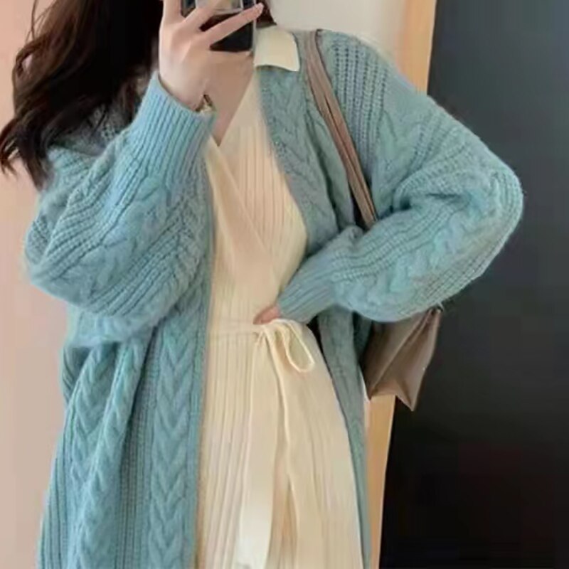 ABRIN Winter Women Loose Warm Long Cardigan TRAF Coat Autumn Long Sleeve Knit Thicken Sweater Coat Women Streetwear Outerwear