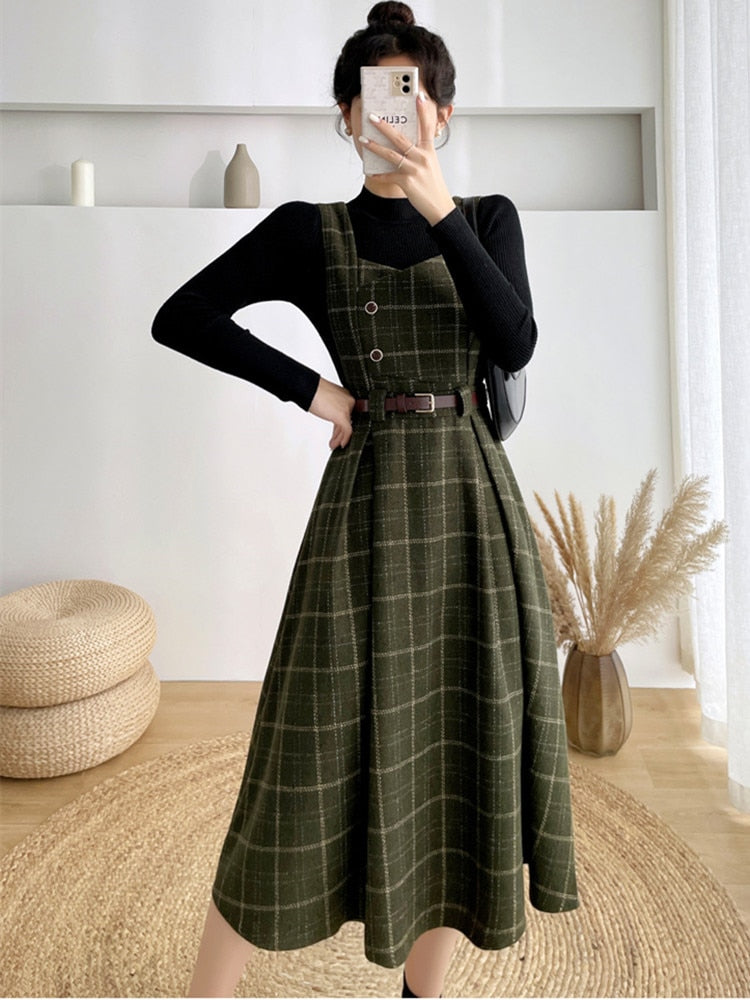 Fall Winter Women Sweater Overalls Dress Sets Casual Knitted Tops +Plaid Woolen Dress 2 Piece Sets Outfits Female Picture color 3