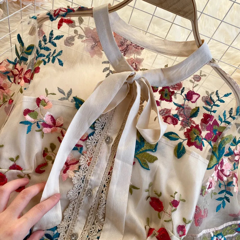 Summer New Arrival Women Vintage Mesh Floral Embroidery Maxi Dress Ladies Retro Bow A-line Slim Party Dress Plus Size