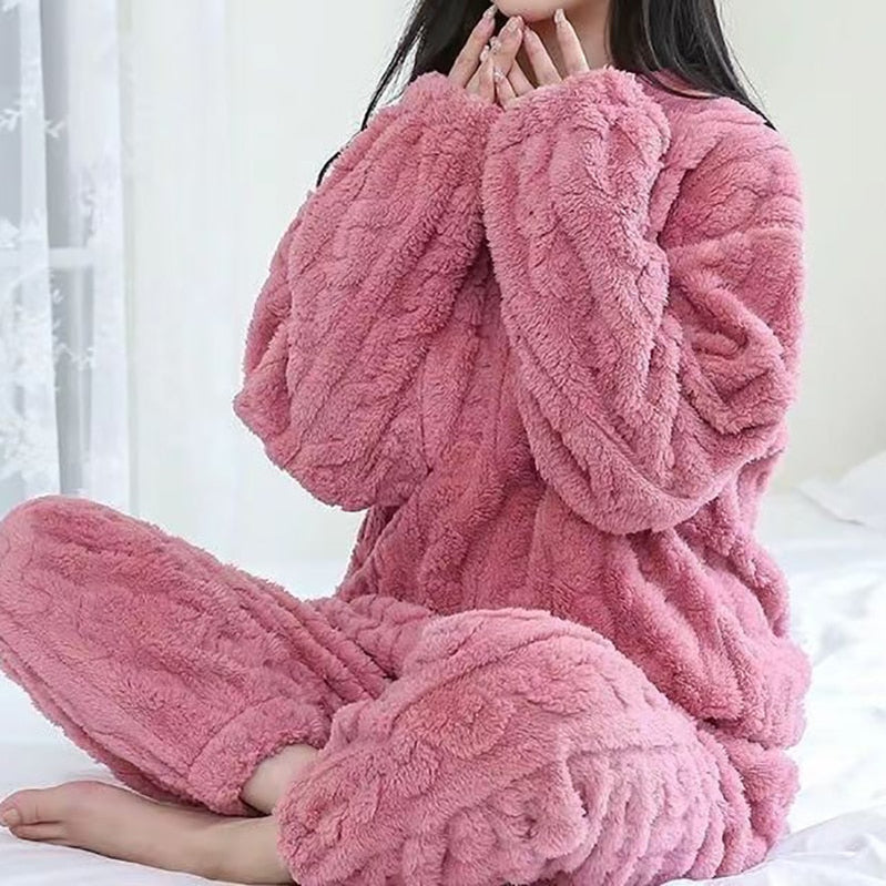 HELIAR Women Warm 2 Piece Sets Thicken Velvet Ribbed Fleece Set Pullover And Pants Casual Pajama Sets Women Autumn Winter PINK SET Fit For 40-75KG