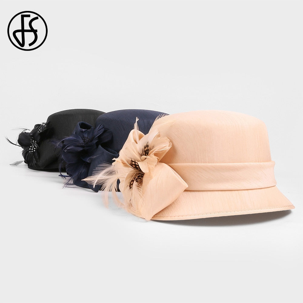 FS Luxury Woman Sun Hat Wedding Ceremony Fashion Elegant Millinery Tea Party Bowler Cap Flower Feather Bucket Hats Female