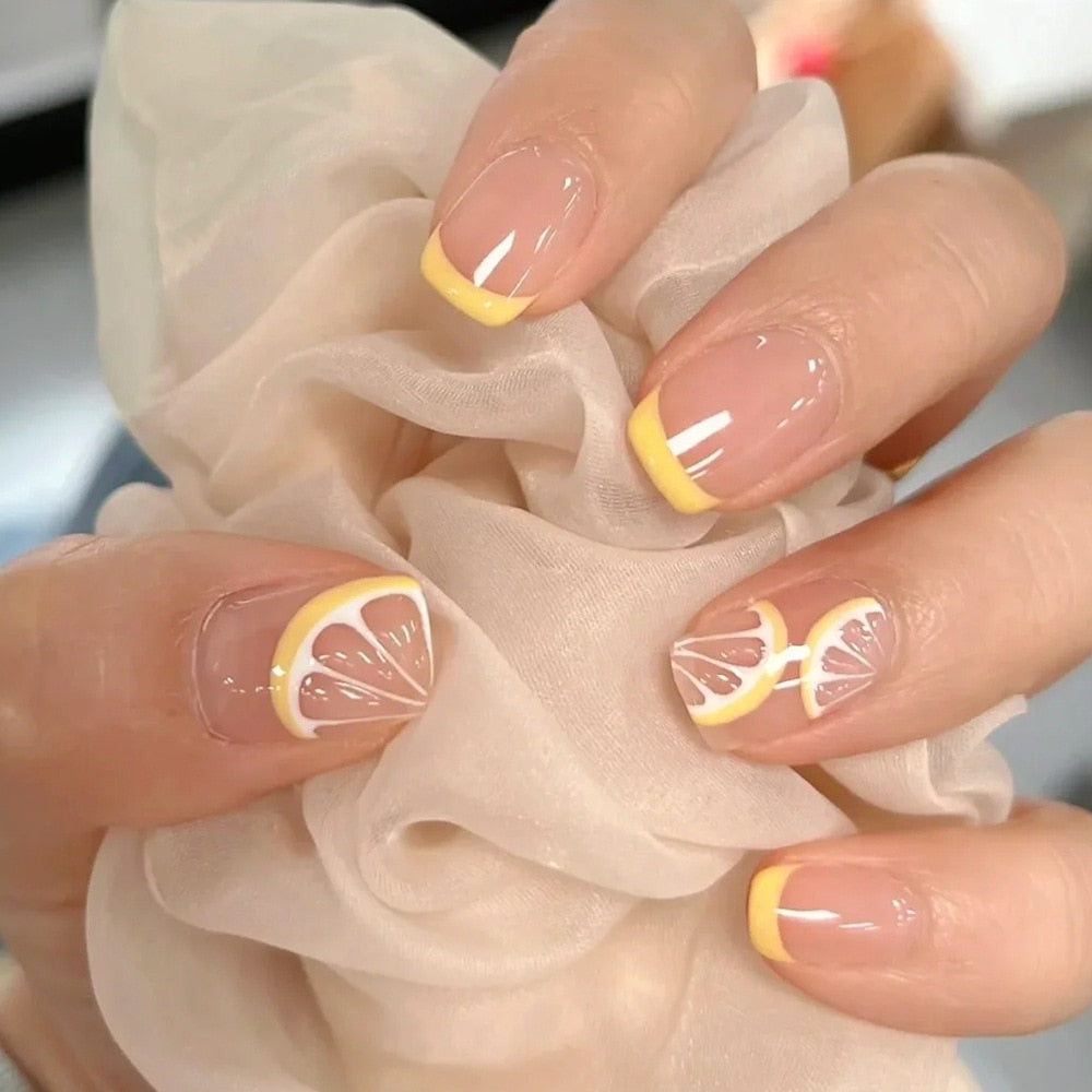 24pcs Lemon Short Wear Tips Nail False Patch Press on Nails Supplies for Professionals Artifical Fake Nails Faux Ongles Uñas