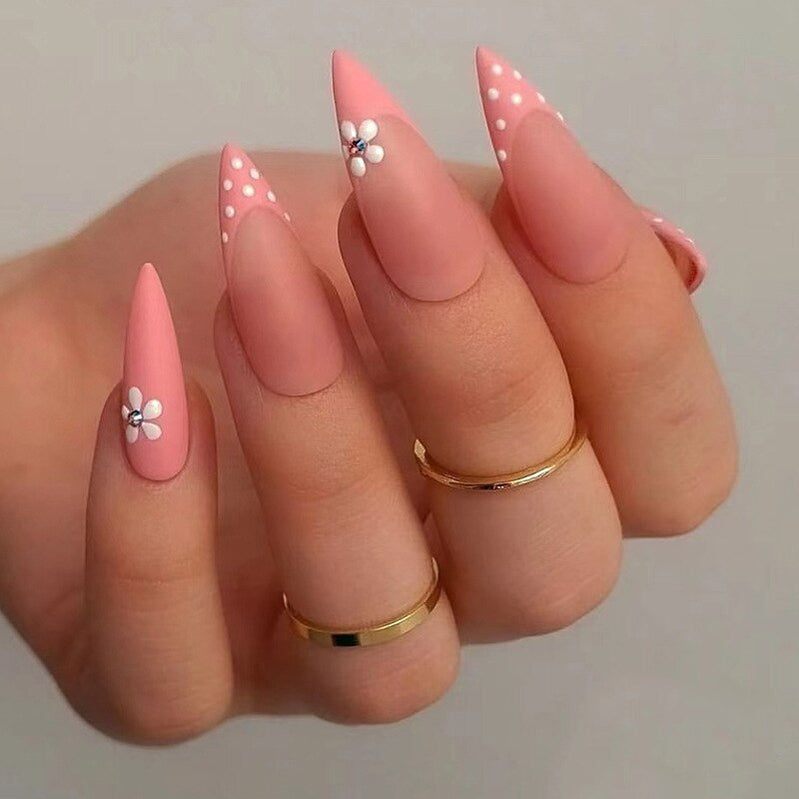 Long Stiletto False Nails Black Edge French Gold Thread Black Rhinestones Design Wearable Fake Nails Press On Nails Manicure Tip a1