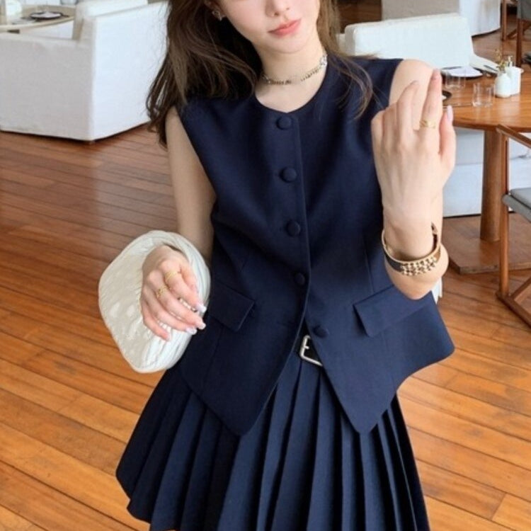 Korean Fashion Summer Pleated Skirt 2 Piece Set Women Elegant Sleeveless Button Tops+Wide Leg Pants Suits Y2k Casual Outfits blue skirt set