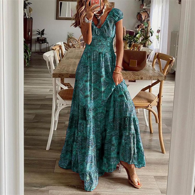 Women Vintage Print Maxi Dresses Summer Casual V Neck Short Sleeve Elastic Waist Dress Female Boho Beach Big Swing Long Dresses
