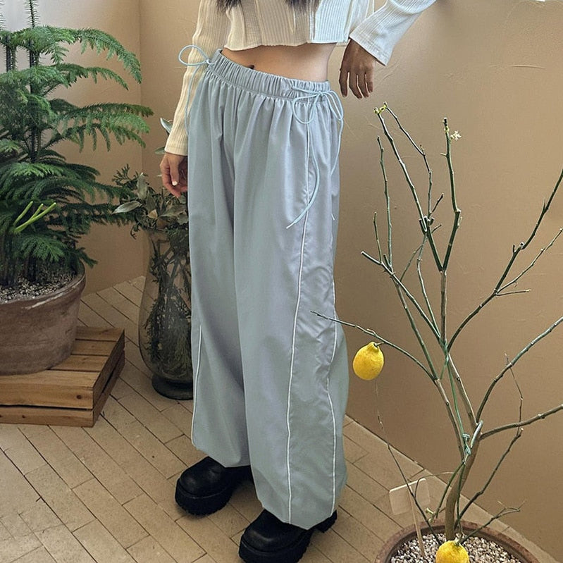 Women Spring Retro Solid Loose Drawstring Trousers Casual Joggers Baggy Wide Leg Sweatpants Mid Waist Sporty Y2k Female Clothes blue