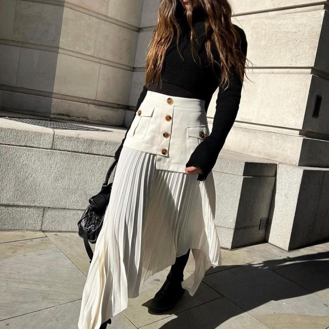 Fashion Women's Skirt High Waist Spliced Single Breasted Pleated Irregular Solid Color Long Skirts Spring 2023 New 17A6142 beige
