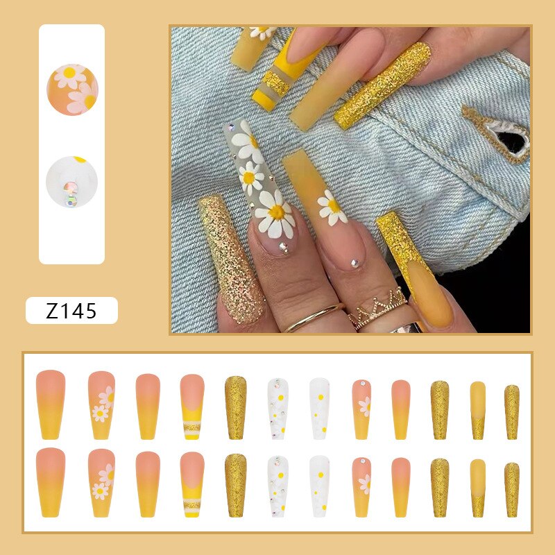 24Pcs/Box Yellow Daisy Long Ballerina Wearable Fake Nails Press on Full Cover Detachable Finished Fingernails