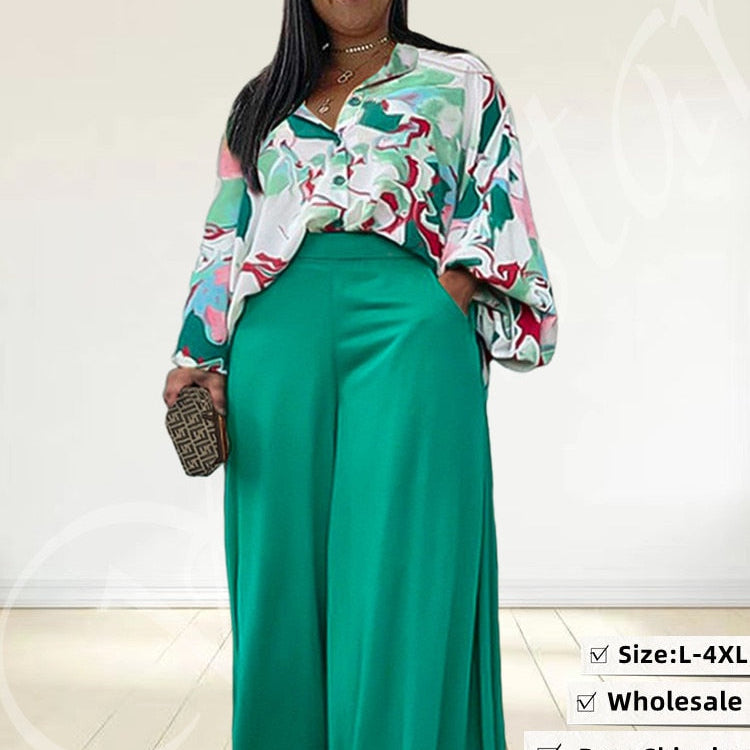 Plus Size Two Piece Set Women Print Shirts Tops and Pants Pockets Wide Leg Fall Fashion Matching Suit
