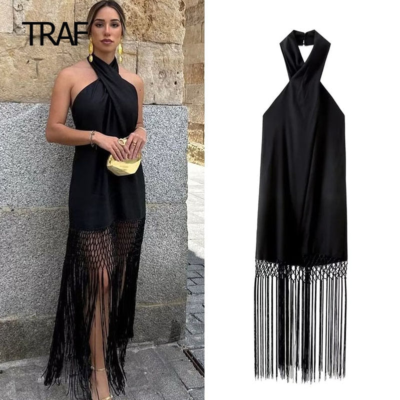 Halter Fringing Dress Womens Dresses Summer Linen Backless Sexy Black Slip Dress Luxury Elegant Designer Party Dresses