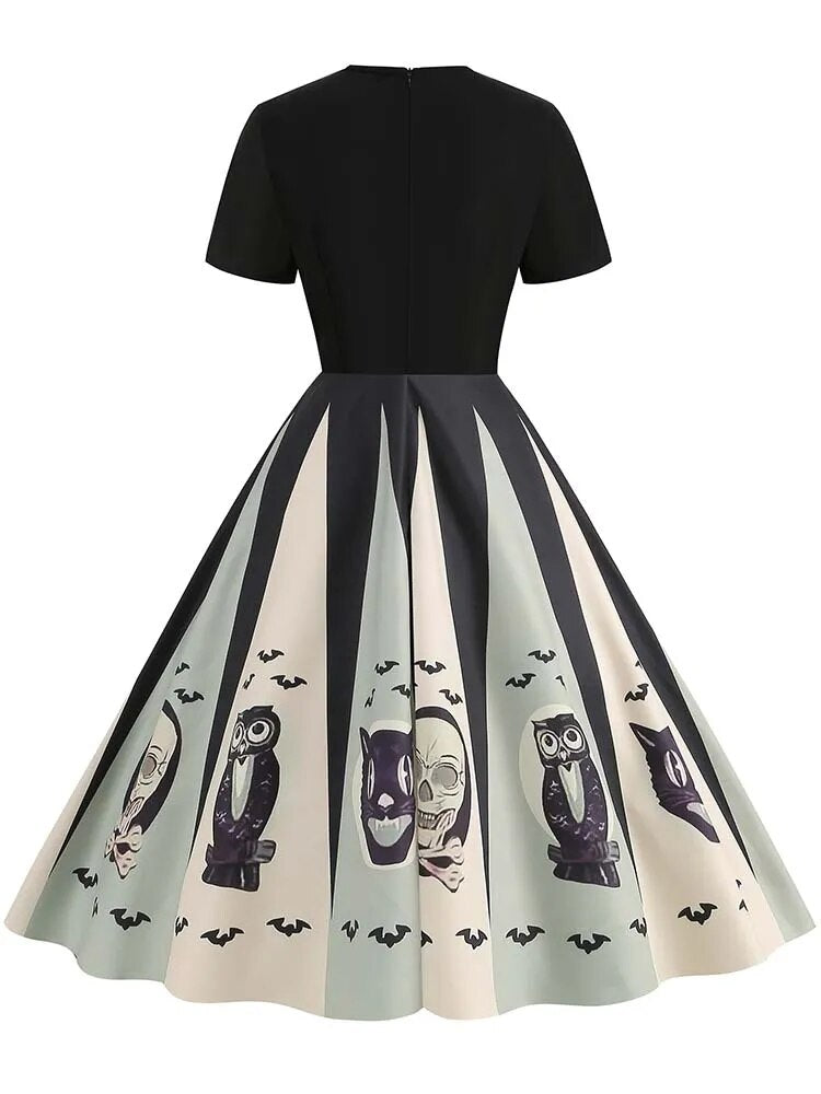 Women Halloween Costumes Dresses Short Sleeve Print Autumn Winter Vintage Party Dress Vestidos