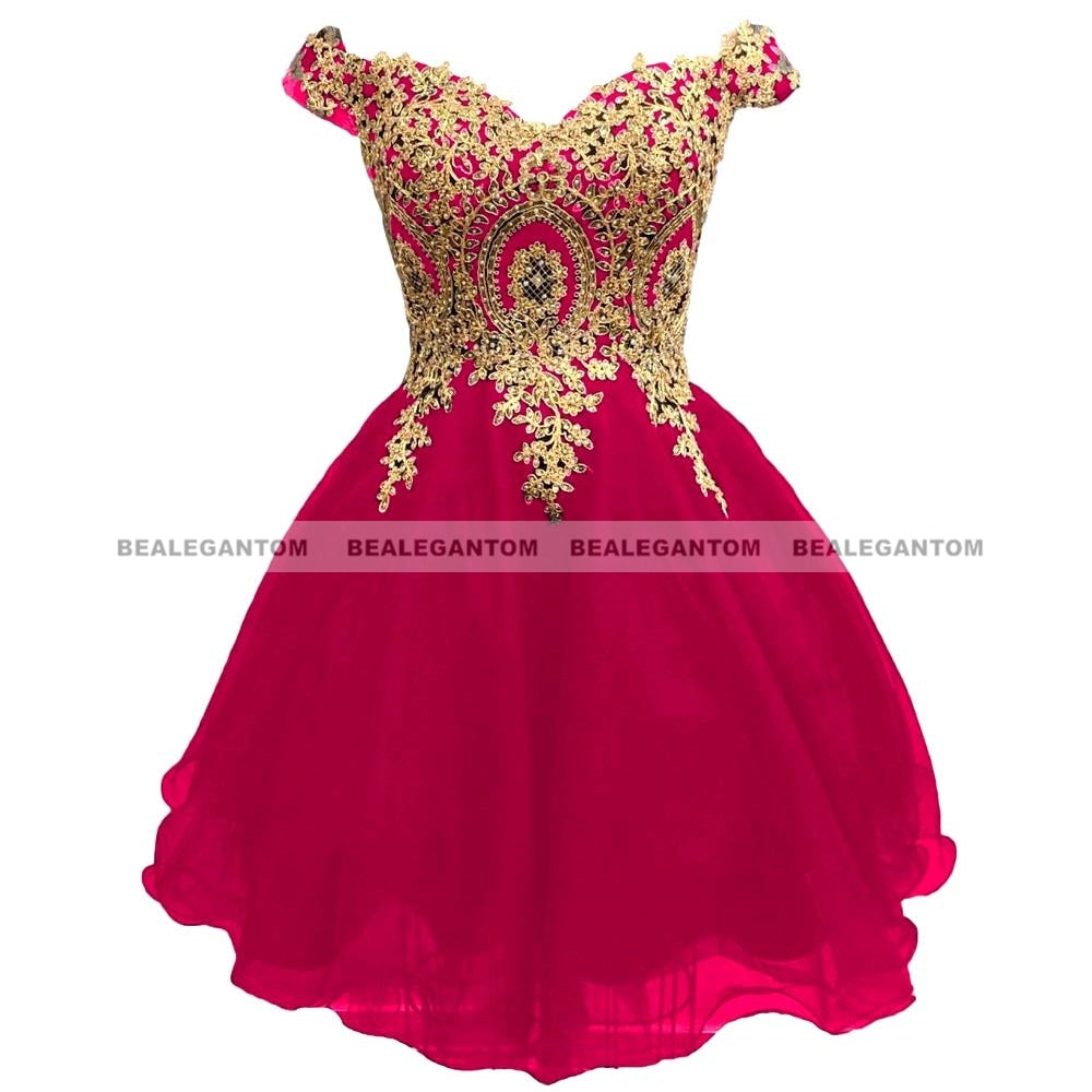 Bealegantom A Line Lace Off Shoulder Short Homecoming Dresse Appliques Crystal Beaded Mini Formal Prom Graudation Party Gowns hot Pink