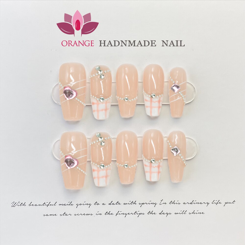 Handmade Medium Length Press On Full Cover Pink Coffin Head Manicuree Decoration Wearable With Design Acrylic Nails For Girls Spain