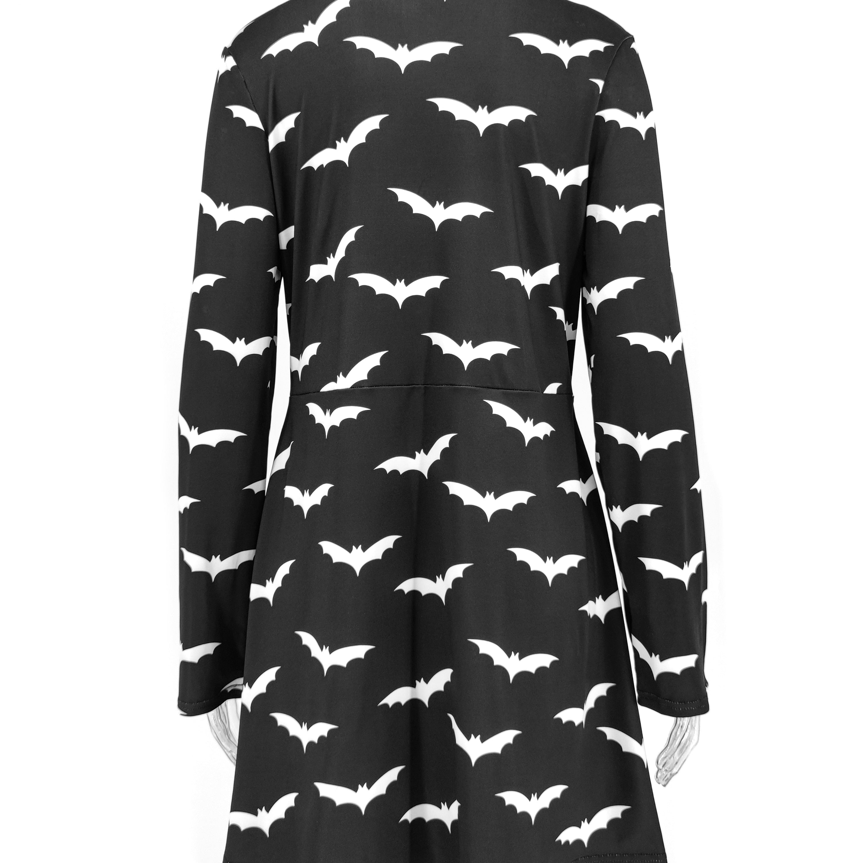 Gothic Black Bat Printed Dress Tutleneck for Women Long Sleeve Spring Fall Punk Vestidos Party Outfits Soft Clothes