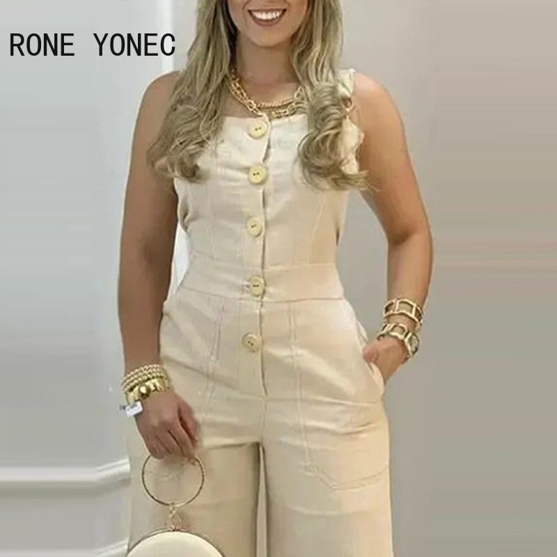 Women Elegant Sexy Solid Thick Straps Button Pocket Sleeveless Straight Silt Casual Jumpsuit