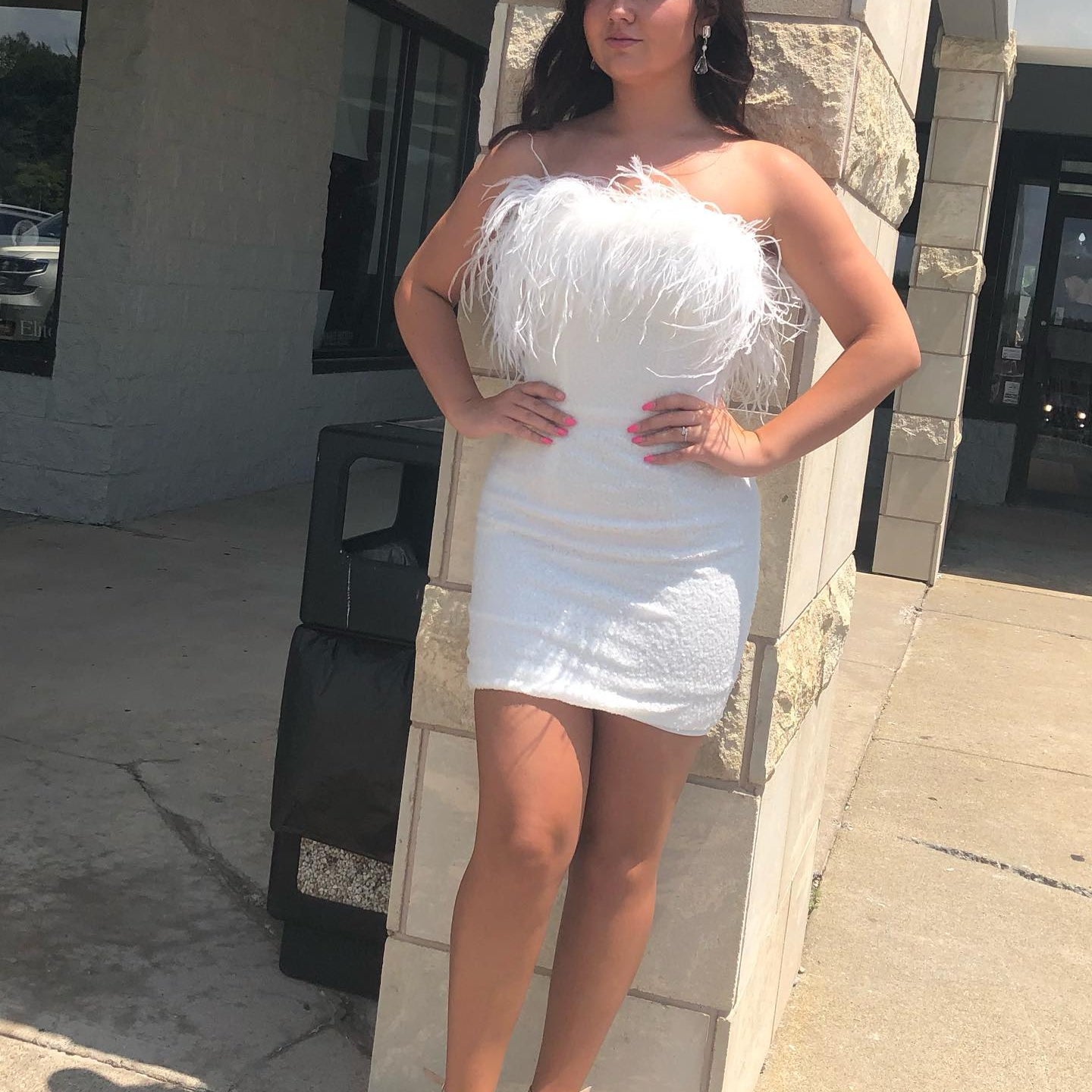 Sequin Mini Hoco Dress NYE Feather Strapless Short Lady Formal Homecoming Party Gown Club Night Cocktail Prom Gala RoseGold White