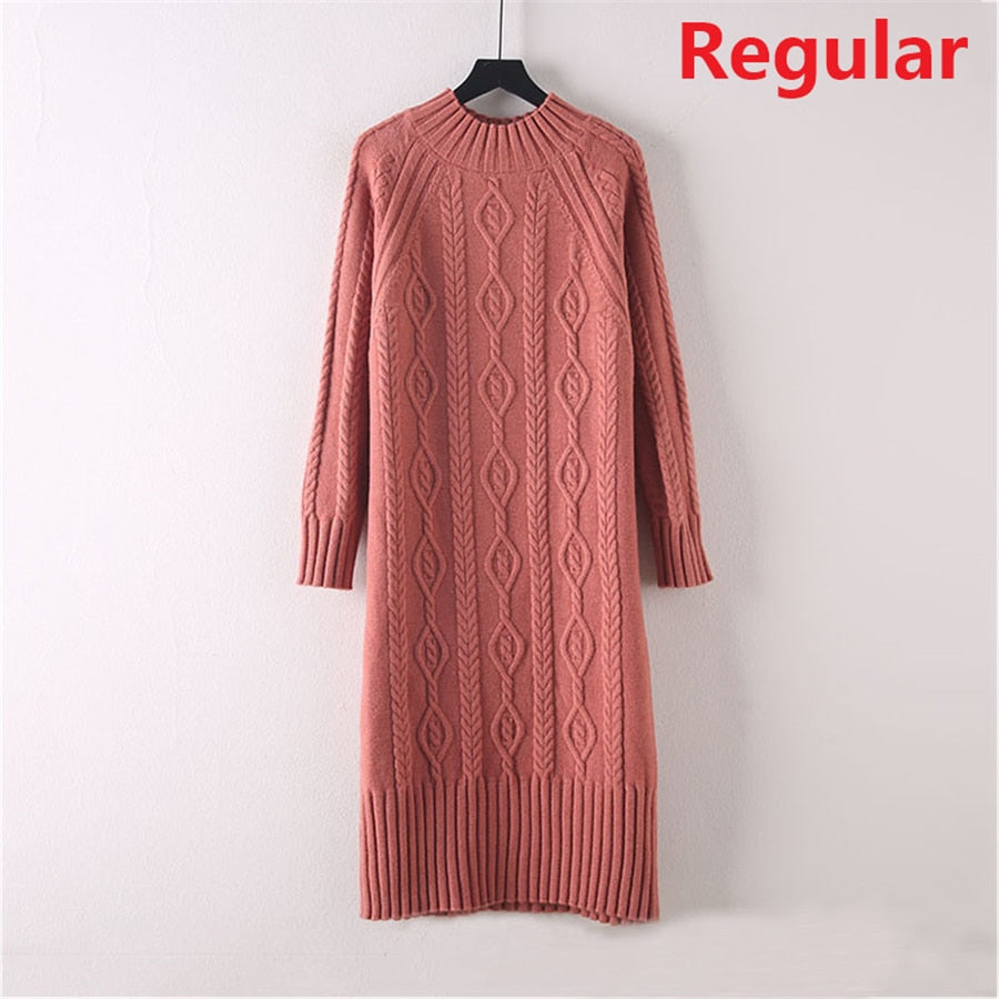 Winter Thicken Plus Velvet Sweater Dress Women's Fall Mock Neck Rib Knit Bottoming Dresses Elegant Warm Vestido Midi With Coats